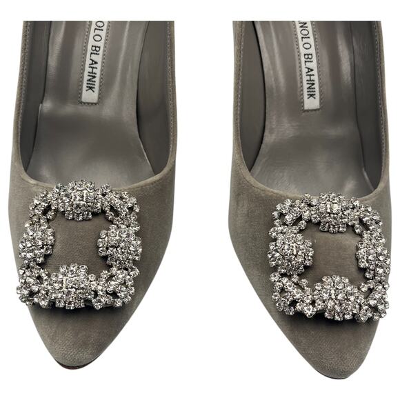 Manolo Blahnik Hangisi Swarovski Crystal Velvet Pointed Toe Pumps Heels Gray 7 - Picture 6 of 12